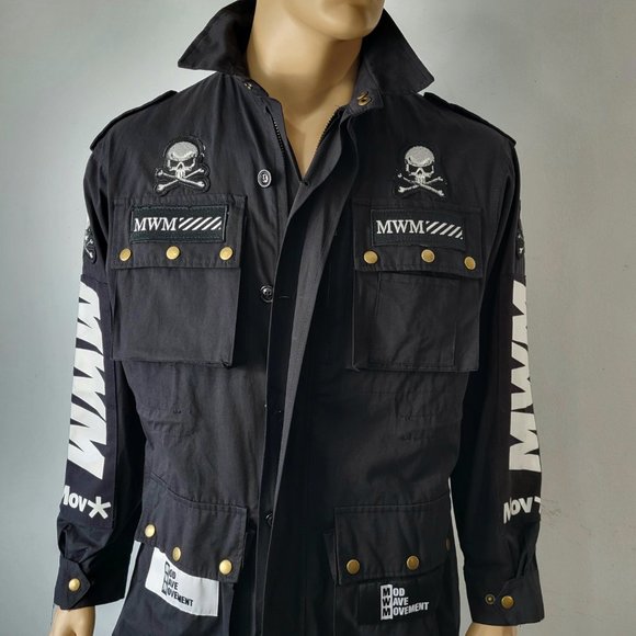 NWT~$345~MWM~SZ M~BLACK WHITE MILITARY SKULL PATCHES POCKETS COAT JACKET SHIRT - Picture 2 of 16